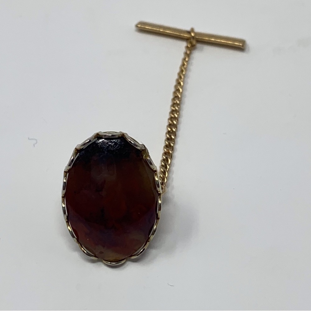 Vintage Amber Orange and Brown Colored Stone with Gold Toned Chain Tie Tack